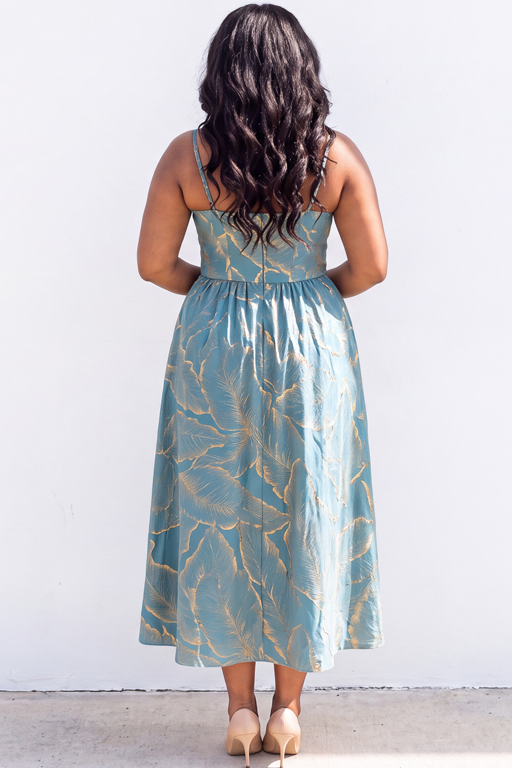 Blue A-Line Printed Midi Plus Size Wedding Guest Dress