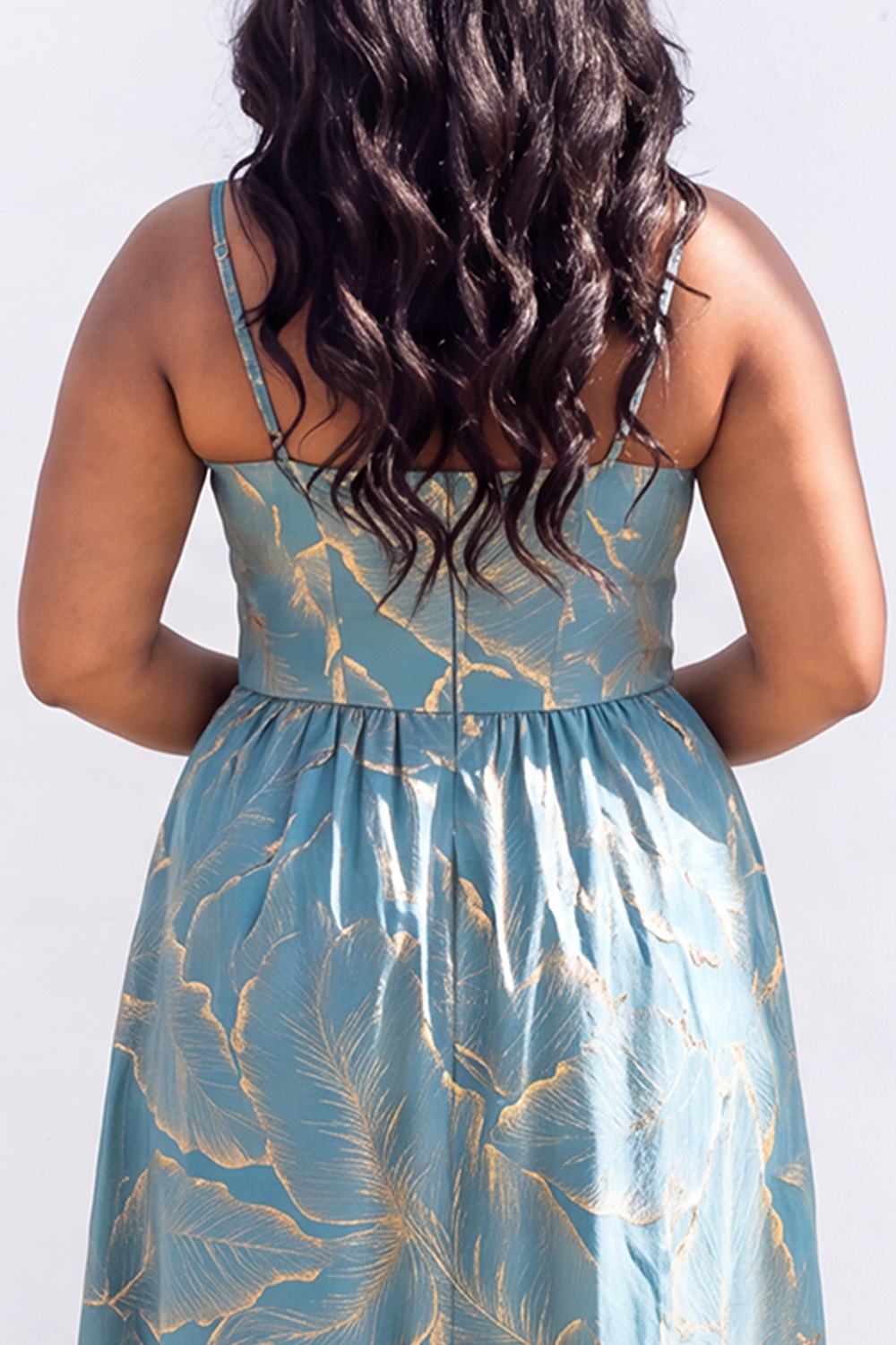 Blue A-Line Printed Midi Plus Size Wedding Guest Dress
