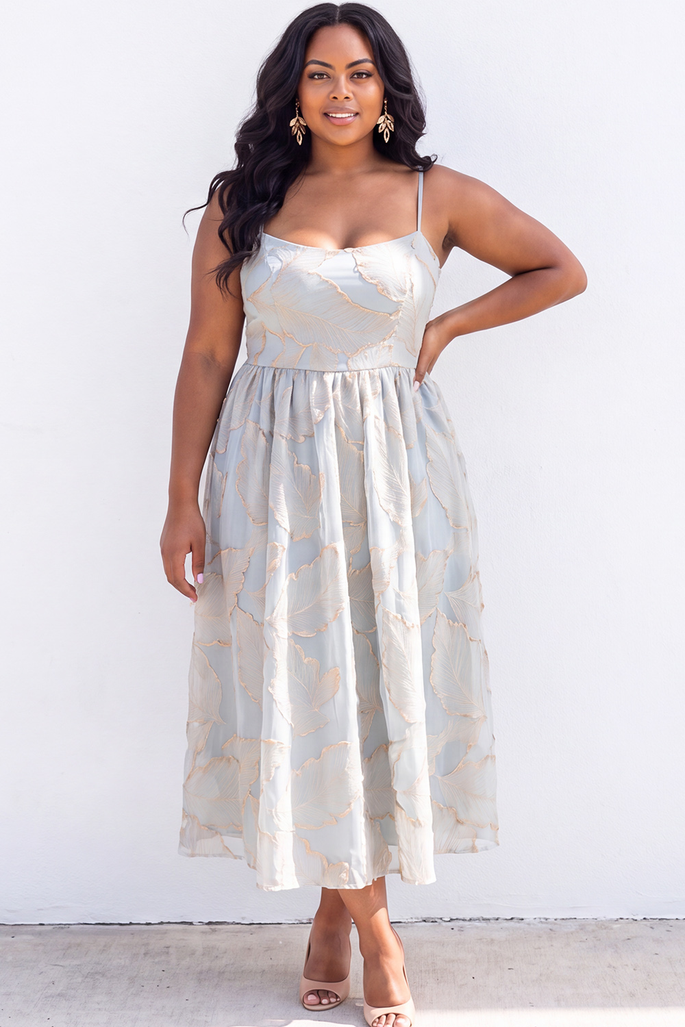 Blue A-Line Printed Midi Plus Size Wedding Guest Dress