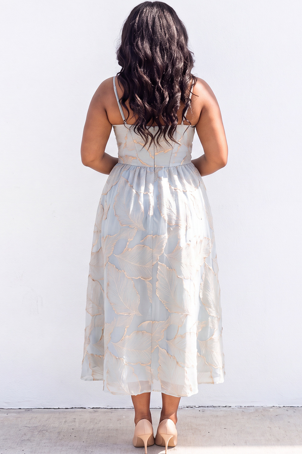 Blue A-Line Printed Midi Plus Size Wedding Guest Dress