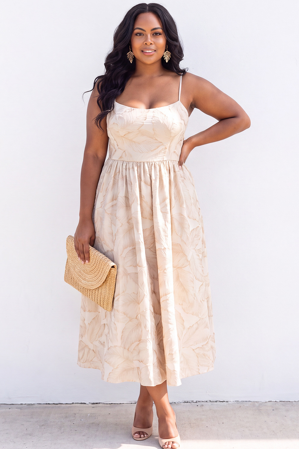 Dressself Women Blue Midi Wedding Guest Dress Plus Size Satin A-Line Spaghetti Straps Printed Party Dress