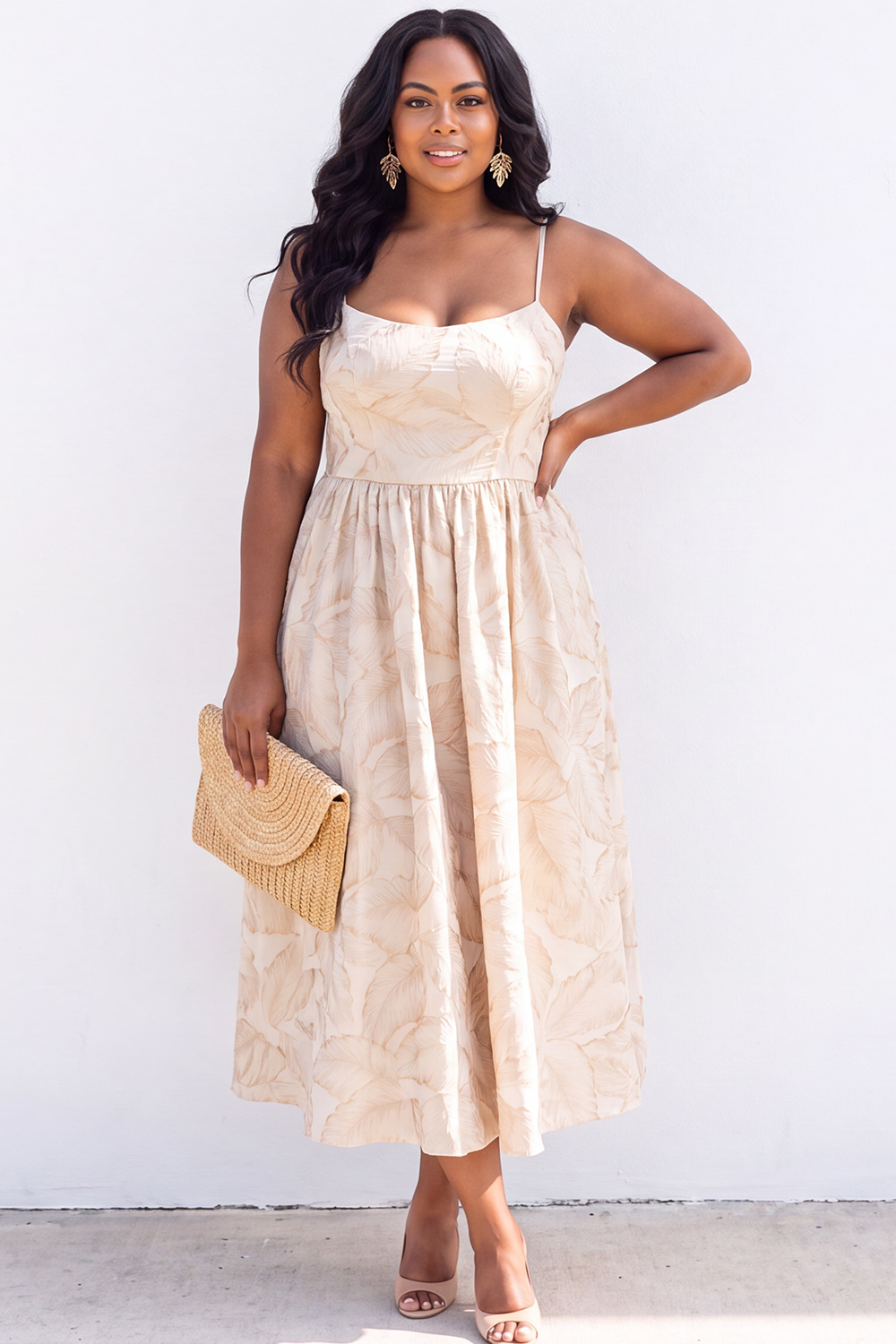 Dressself Women Blue Midi Wedding Guest Dress Plus Size Satin A-Line Spaghetti Straps Printed Party Dress