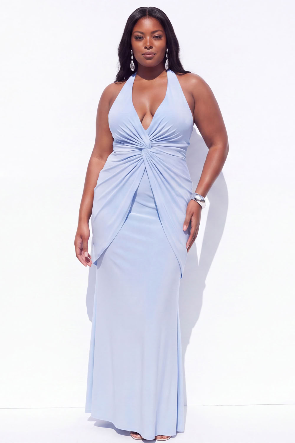 Blue Halter Ruched Maxi Plus Size Wedding Guest Dress