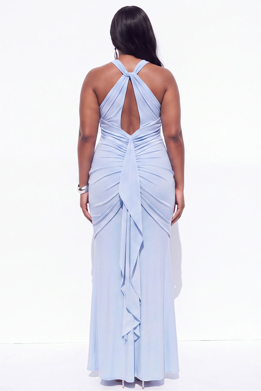 Blue Halter Ruched Maxi Plus Size Wedding Guest Dress