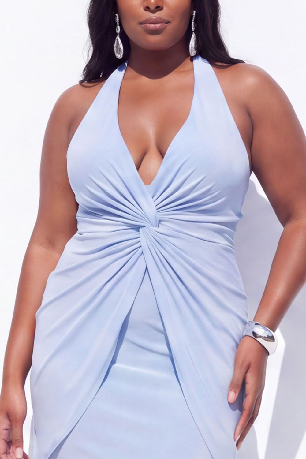 Blue Halter Ruched Maxi Plus Size Wedding Guest Dress