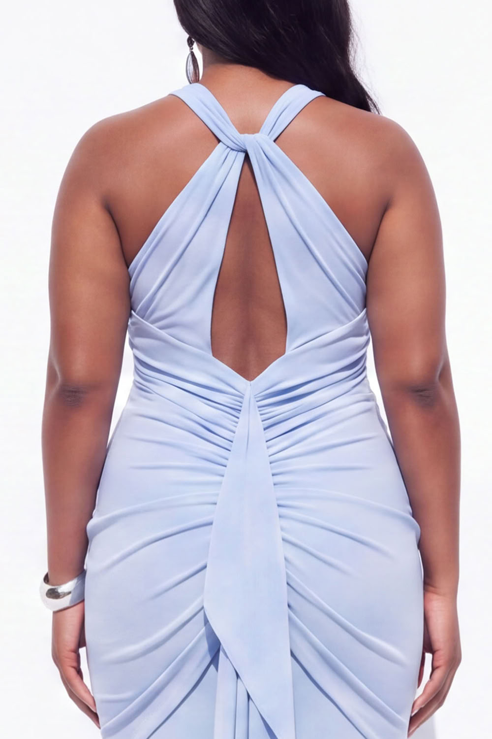 Blue Halter Ruched Maxi Plus Size Wedding Guest Dress