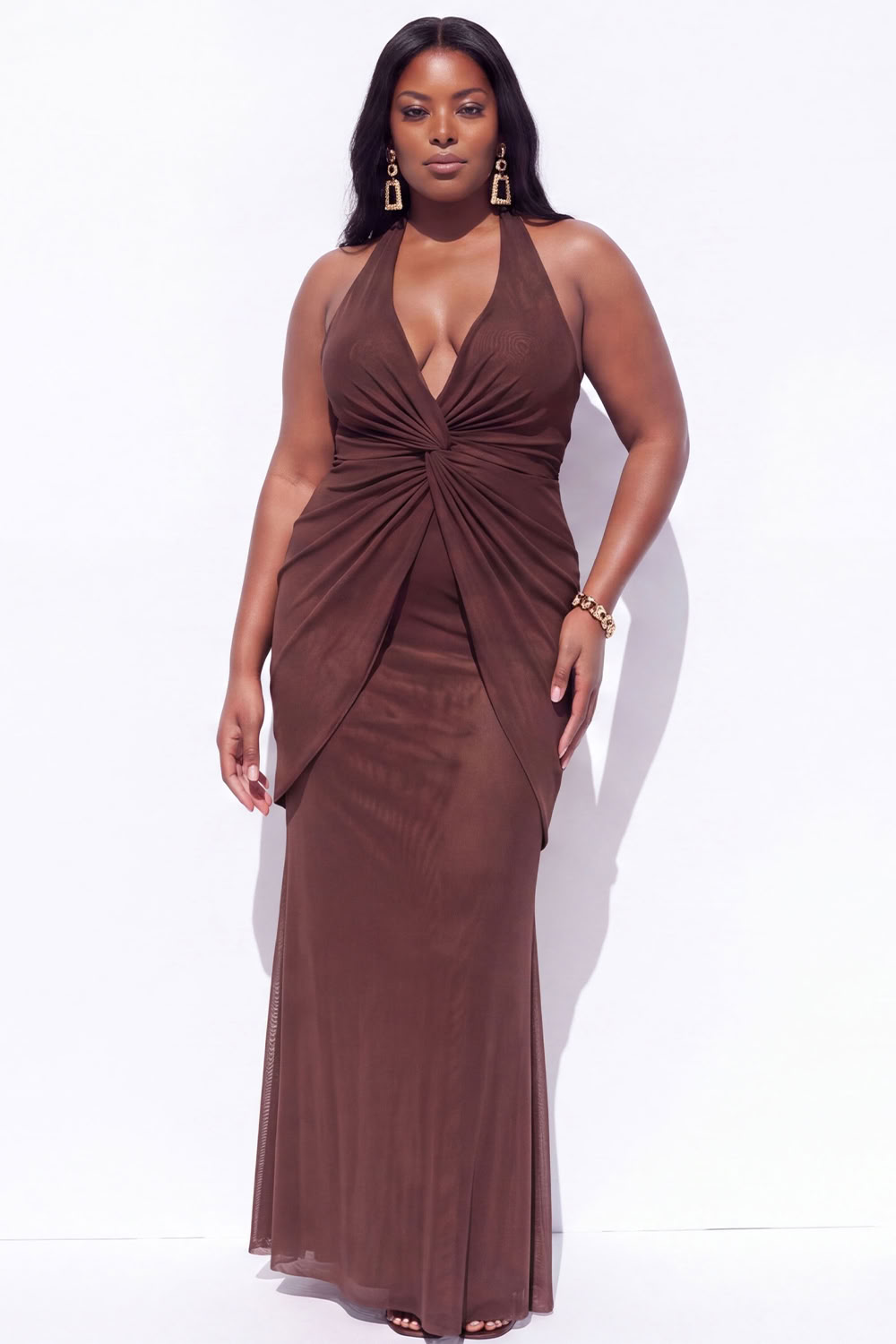 Blue Halter Ruched Maxi Plus Size Wedding Guest Dress