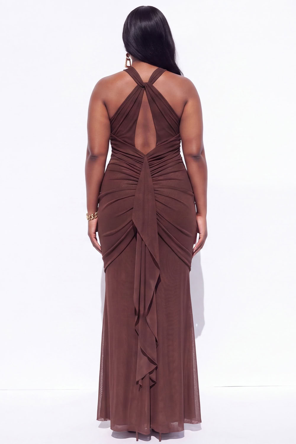 Blue Halter Ruched Maxi Plus Size Wedding Guest Dress
