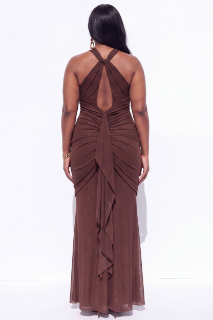 Blue Halter Ruched Maxi Plus Size Wedding Guest Dress