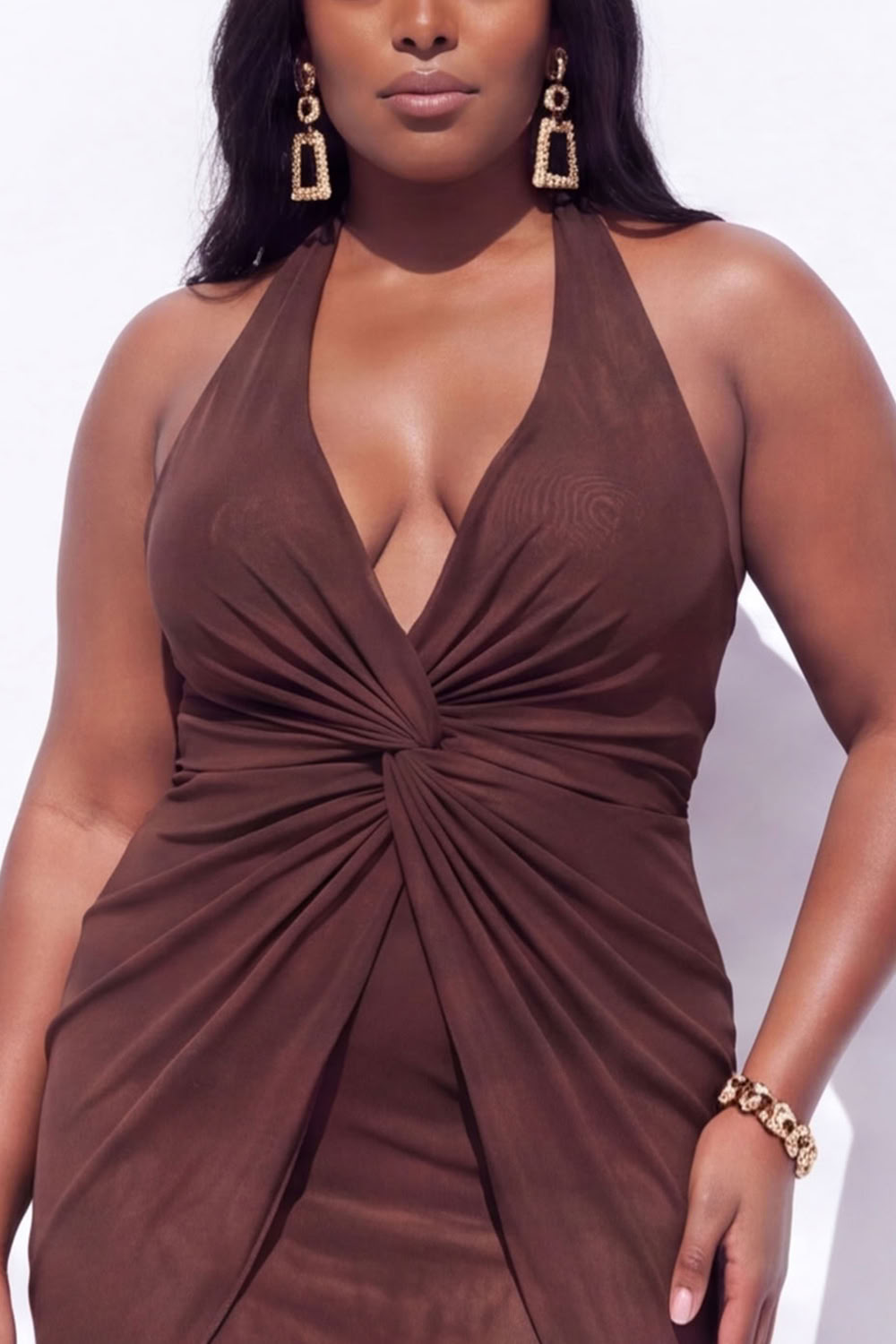 Blue Halter Ruched Maxi Plus Size Wedding Guest Dress