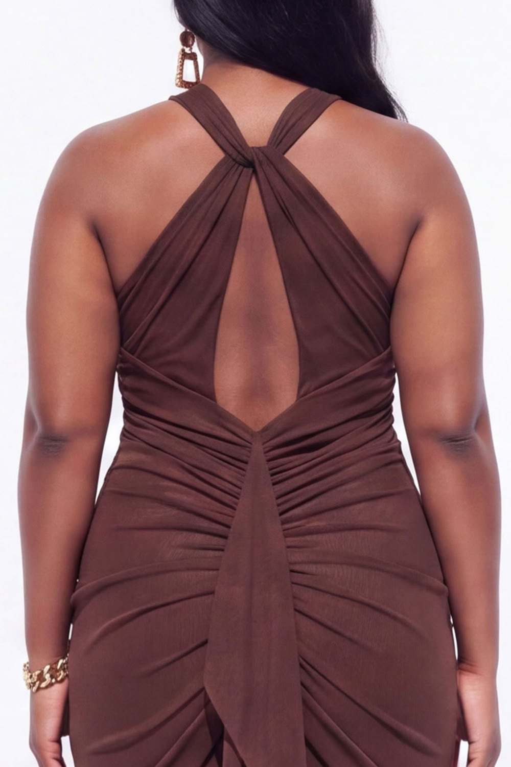 Blue Halter Ruched Maxi Plus Size Wedding Guest Dress