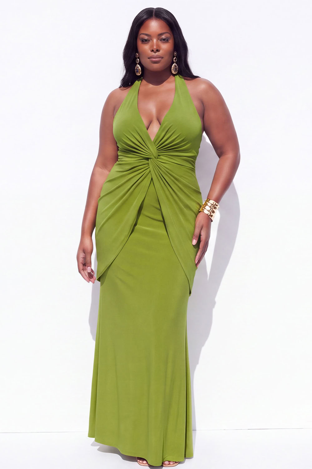 Dressself Women Blue Maxi Wedding Guest Dress Halter Sleeveless Plus Size Ruched Party Dress