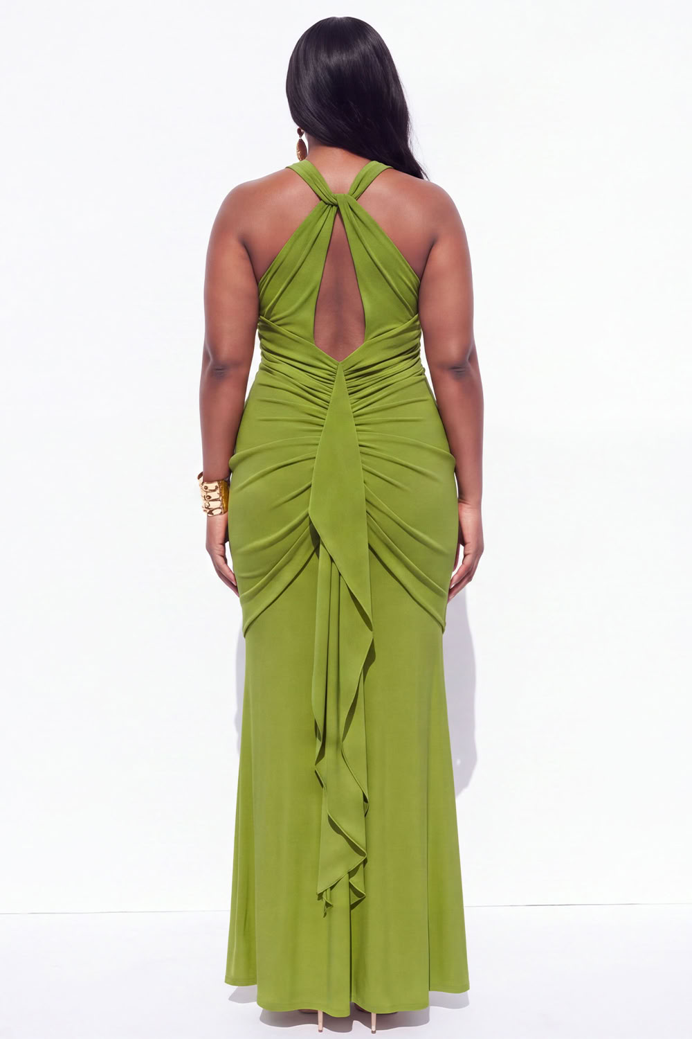 Blue Halter Ruched Maxi Plus Size Wedding Guest Dress