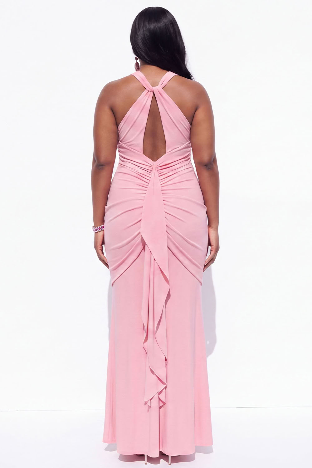 Blue Halter Ruched Maxi Plus Size Wedding Guest Dress