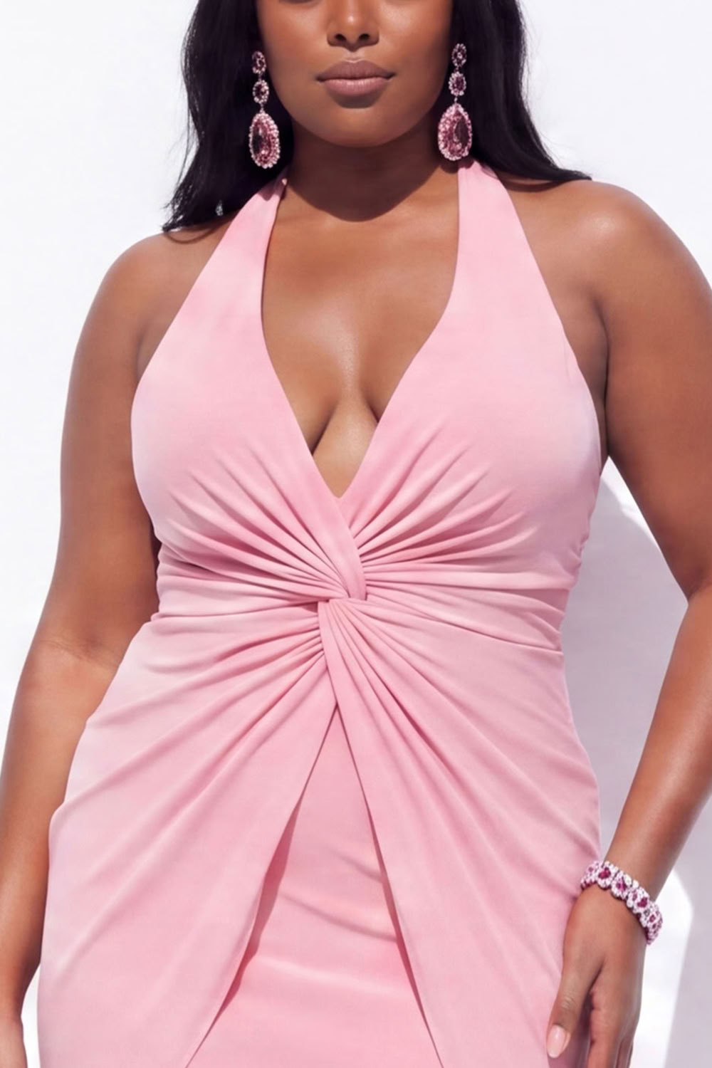 Blue Halter Ruched Maxi Plus Size Wedding Guest Dress