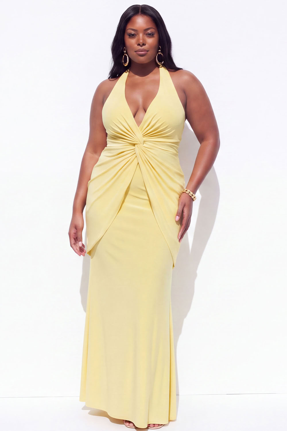 Blue Halter Ruched Maxi Plus Size Wedding Guest Dress