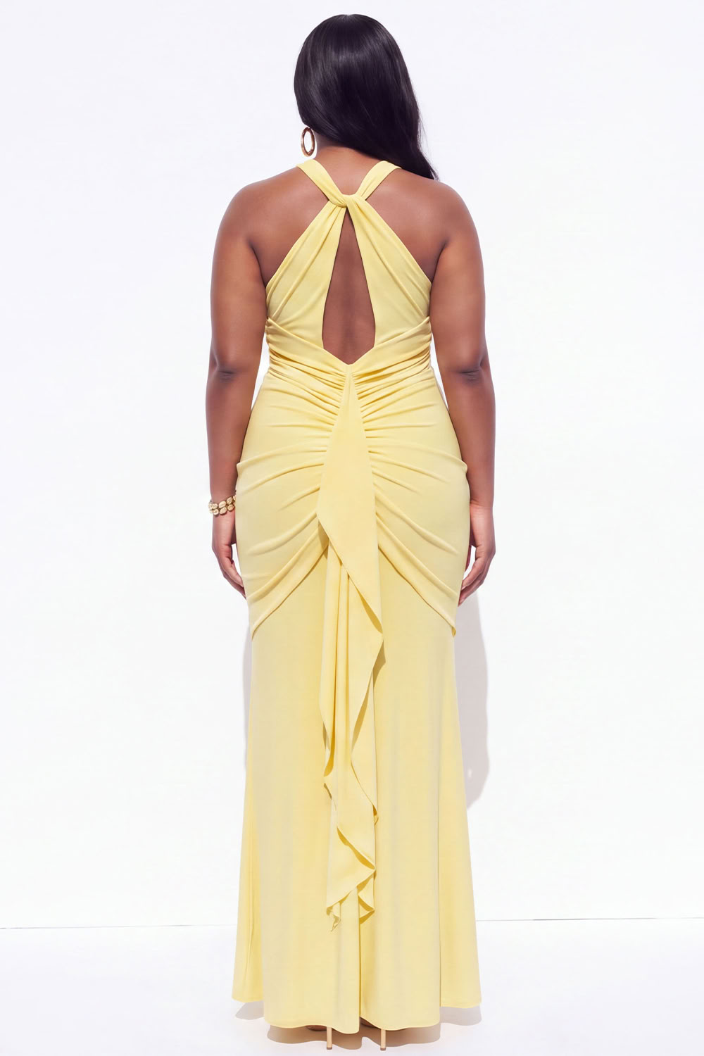 Blue Halter Ruched Maxi Plus Size Wedding Guest Dress