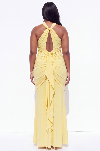 Blue Halter Ruched Maxi Plus Size Wedding Guest Dress
