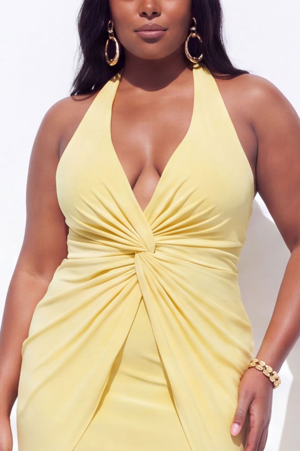 Blue Halter Ruched Maxi Plus Size Wedding Guest Dress