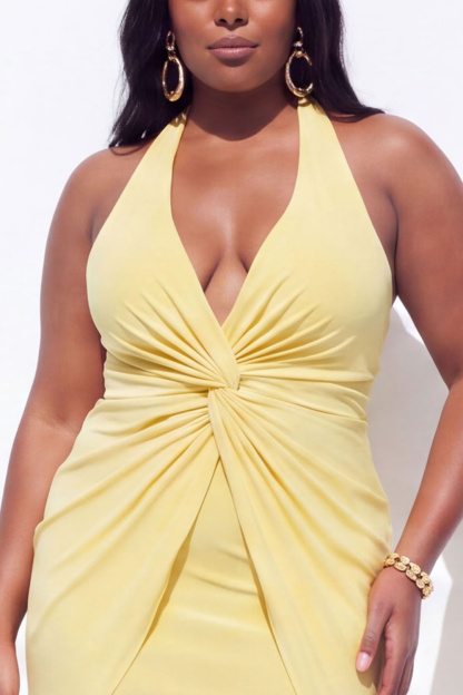 Blue Halter Ruched Maxi Plus Size Wedding Guest Dress