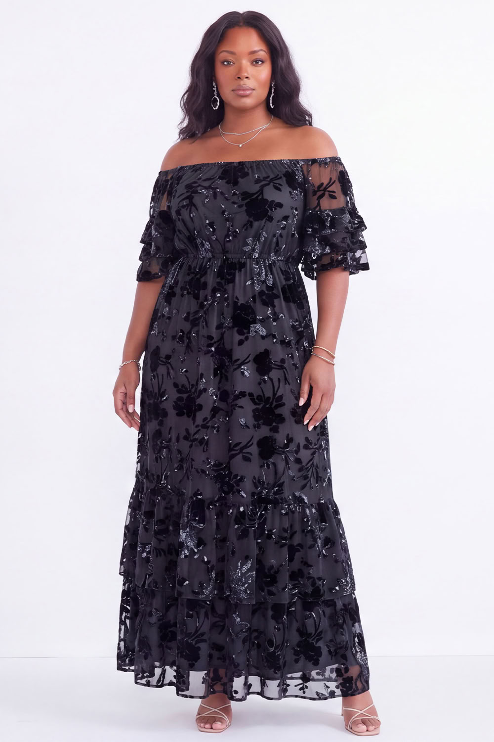 Dressself Women Off the Shoulder Blue Burnout Velvet Plus Size Wedding Guest Dress Tiered A Line Ruffled Party Dress with Half Sleeves