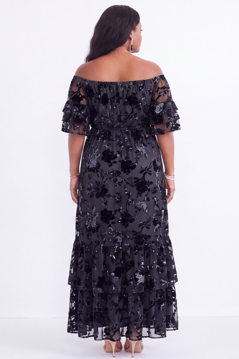 Off the Shoulder Black Tiered Floral Maxi Plus Size Wedding Guest Dress