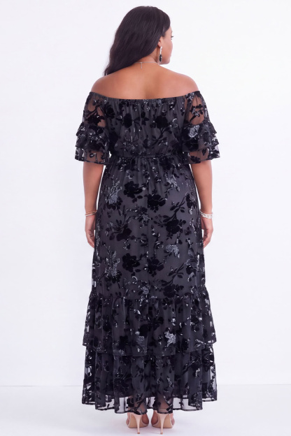 Off the Shoulder Black Tiered Floral Maxi Plus Size Wedding Guest Dress