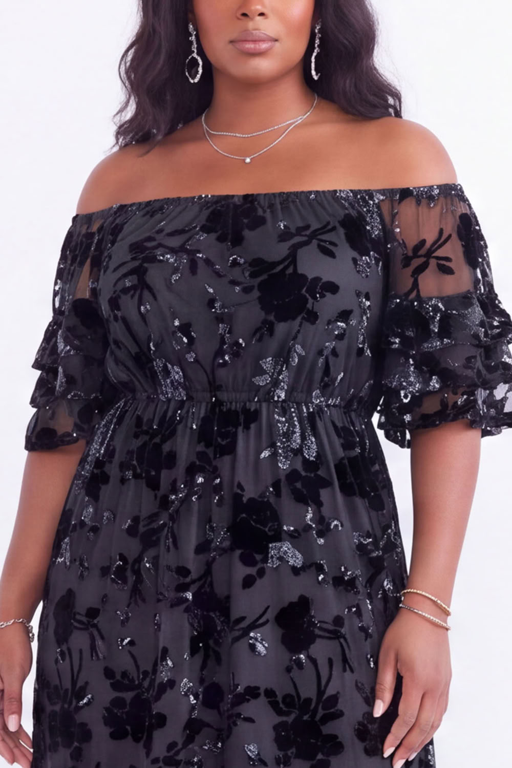 Off the Shoulder Black Tiered Floral Maxi Plus Size Wedding Guest Dress