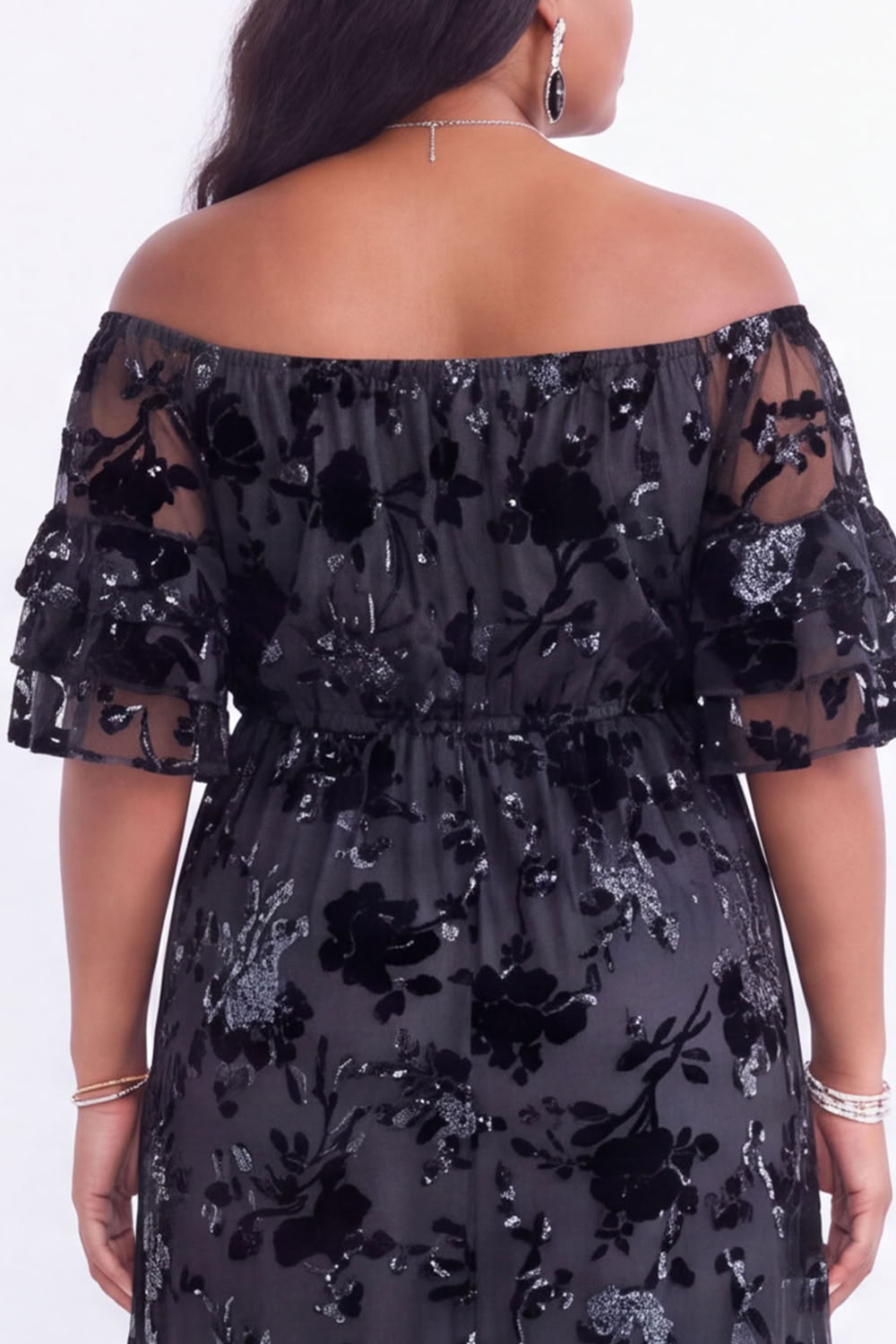 Off the Shoulder Black Tiered Floral Maxi Plus Size Wedding Guest Dress