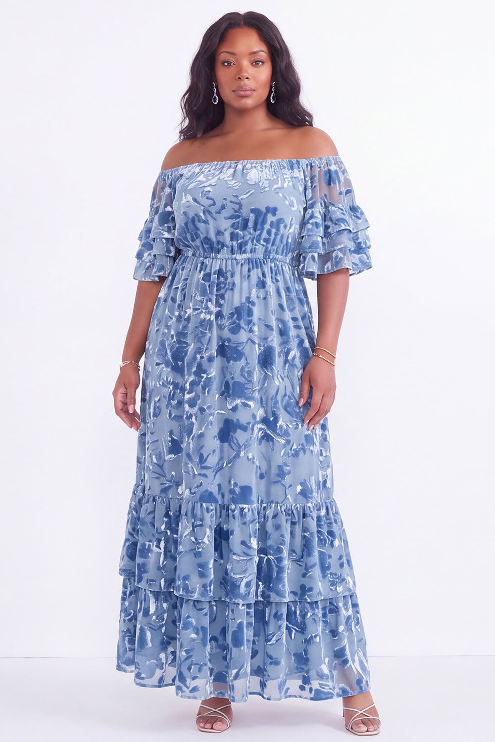 Off the Shoulder Black Tiered Floral Maxi Plus Size Wedding Guest Dress