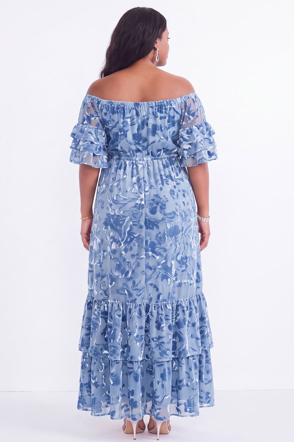Off the Shoulder Black Tiered Floral Maxi Plus Size Wedding Guest Dress