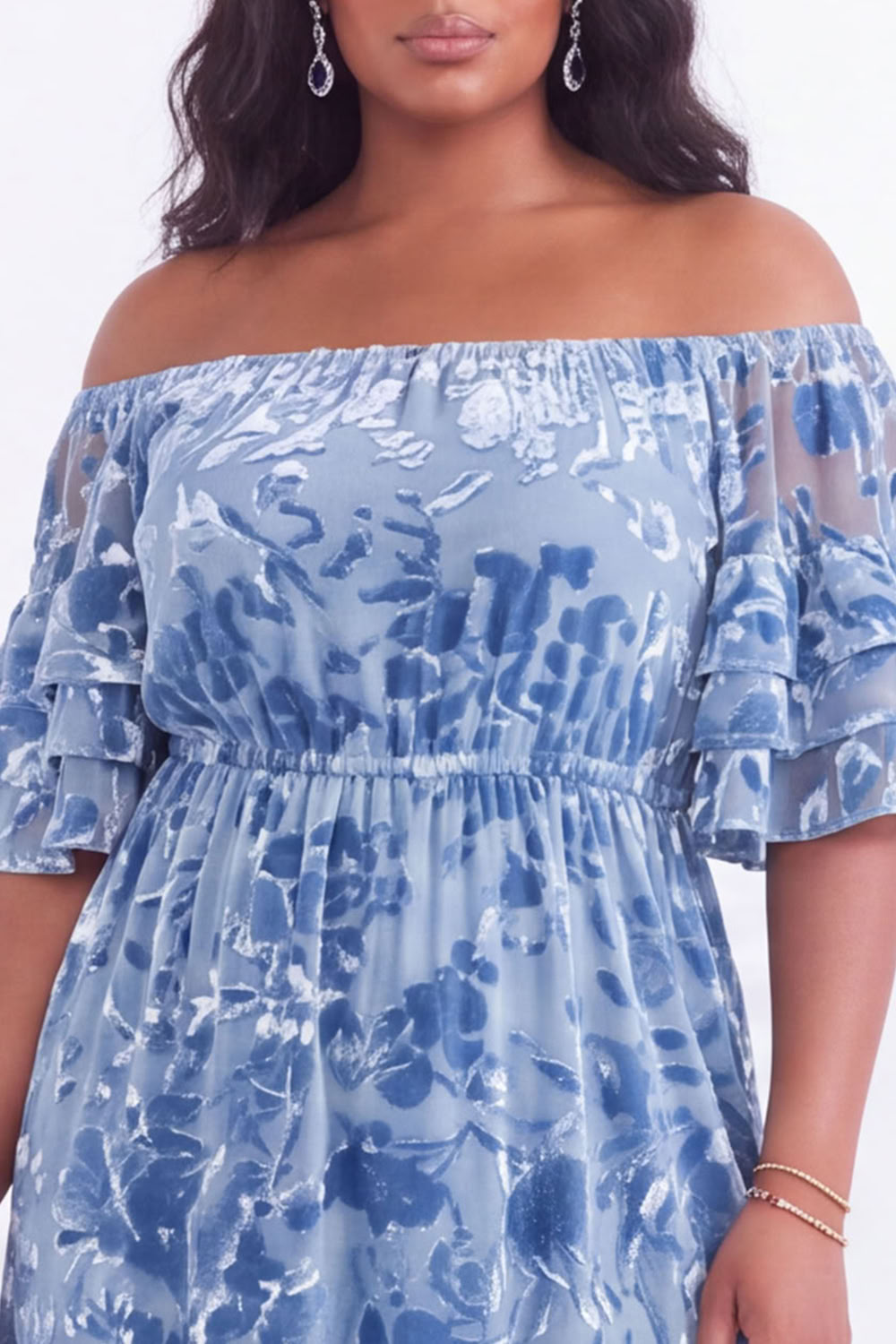 Off the Shoulder Black Tiered Floral Maxi Plus Size Wedding Guest Dress