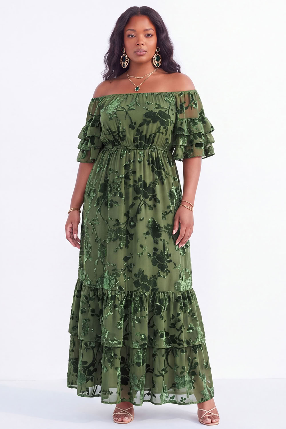 Off the Shoulder Black Tiered Floral Maxi Plus Size Wedding Guest Dress