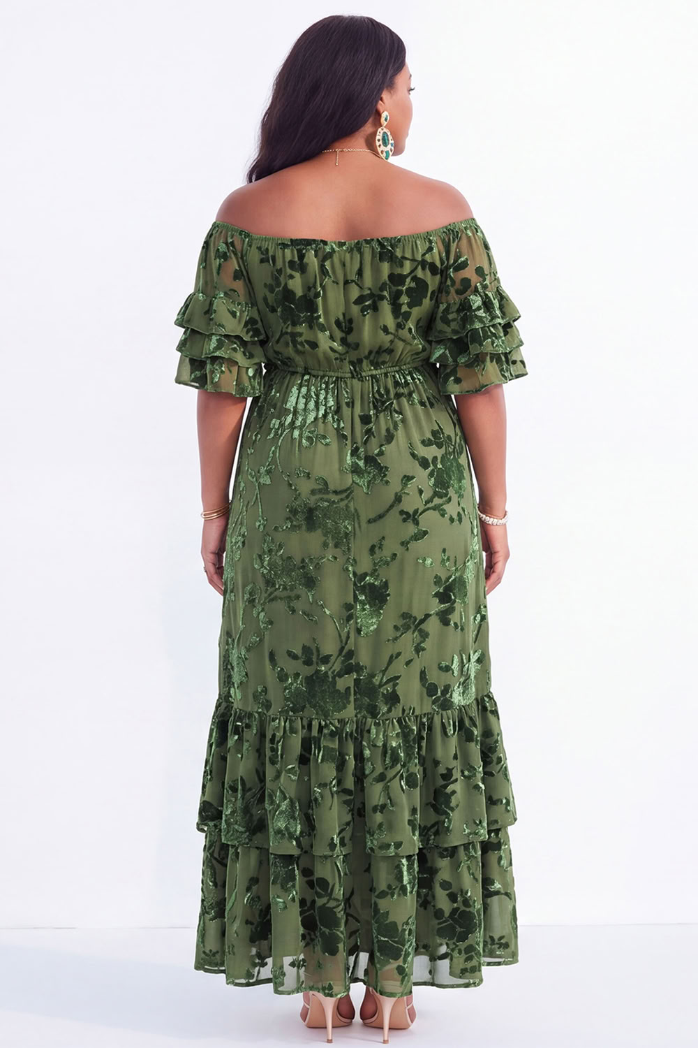 Off the Shoulder Black Tiered Floral Maxi Plus Size Wedding Guest Dress