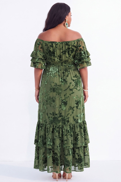 Off the Shoulder Black Tiered Floral Maxi Plus Size Wedding Guest Dress