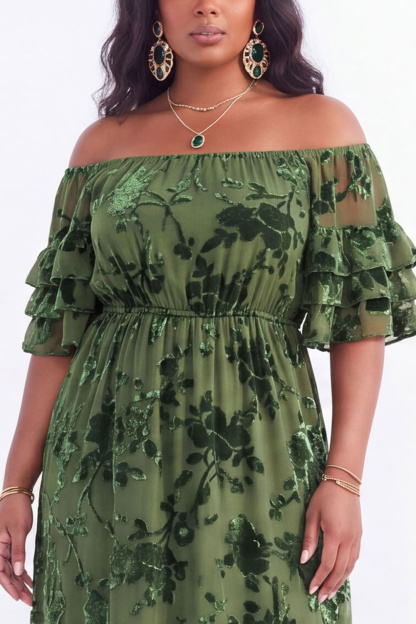 Off the Shoulder Black Tiered Floral Maxi Plus Size Wedding Guest Dress