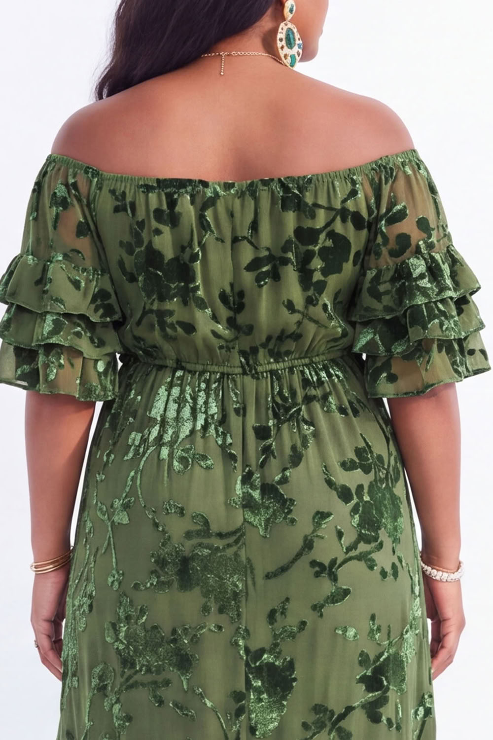 Off the Shoulder Black Tiered Floral Maxi Plus Size Wedding Guest Dress