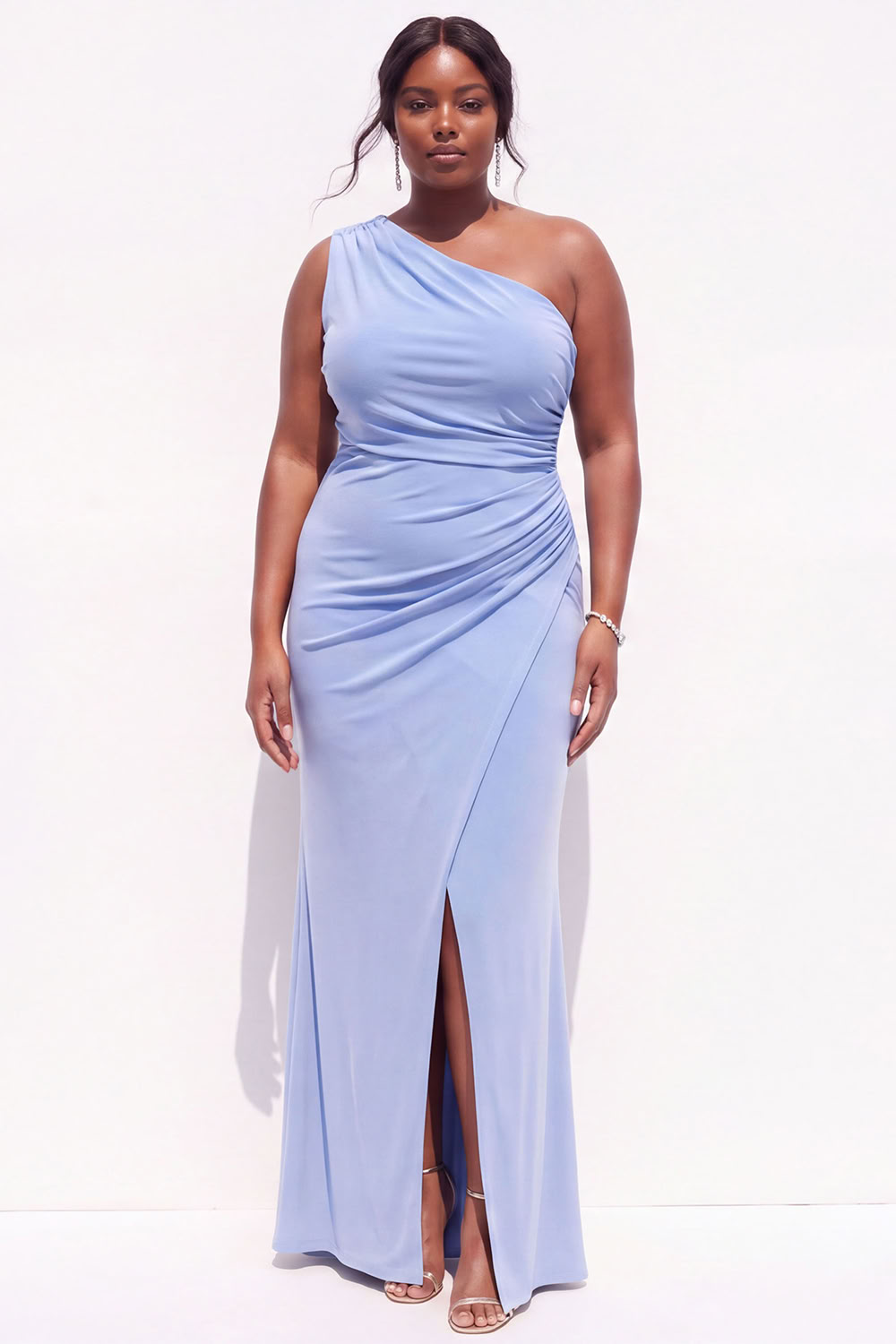 Plus Size Blue One Shoulder Maxi Wedding Guest Dress with Slit