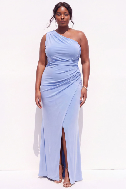 Plus Size Blue One Shoulder Maxi Wedding Guest Dress with Slit