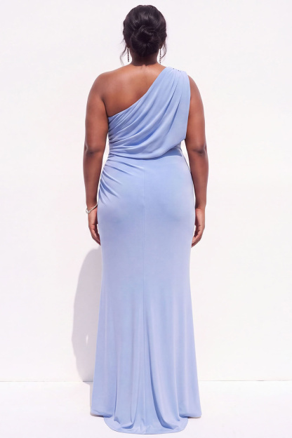 Plus Size Blue One Shoulder Maxi Wedding Guest Dress with Slit