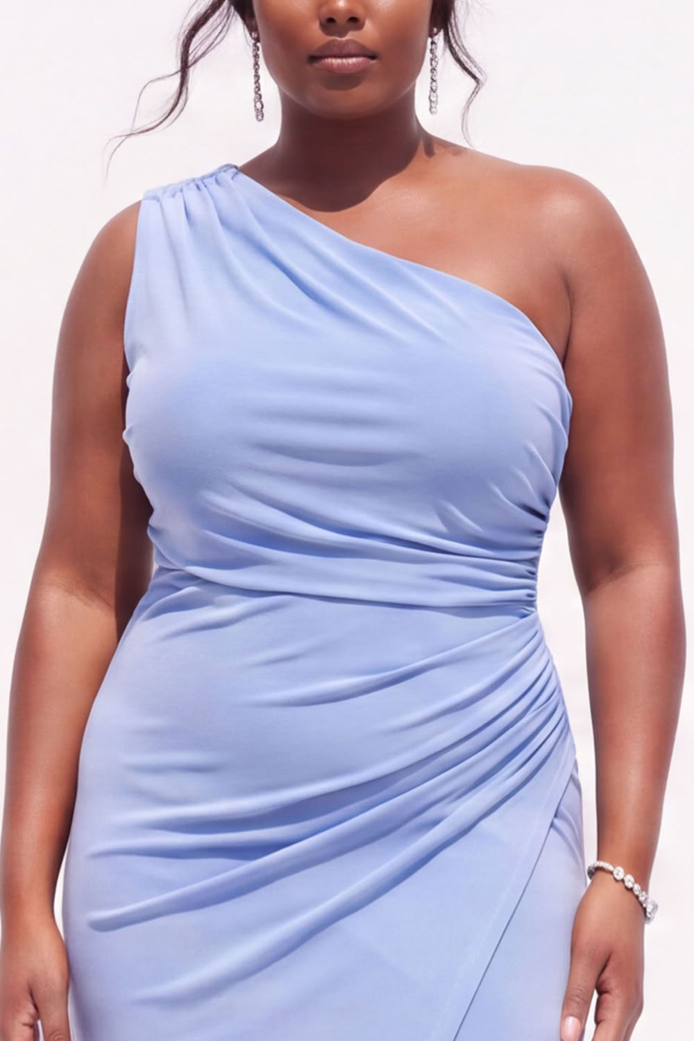 Plus Size Blue One Shoulder Maxi Wedding Guest Dress with Slit
