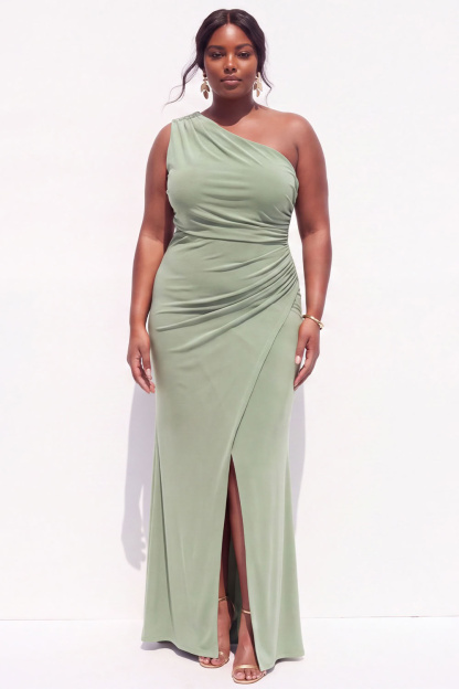 Dressself Women Blue Maxi Wedding Guest Dress Plus Size One Shoulder Ruched Party Dress with Slit