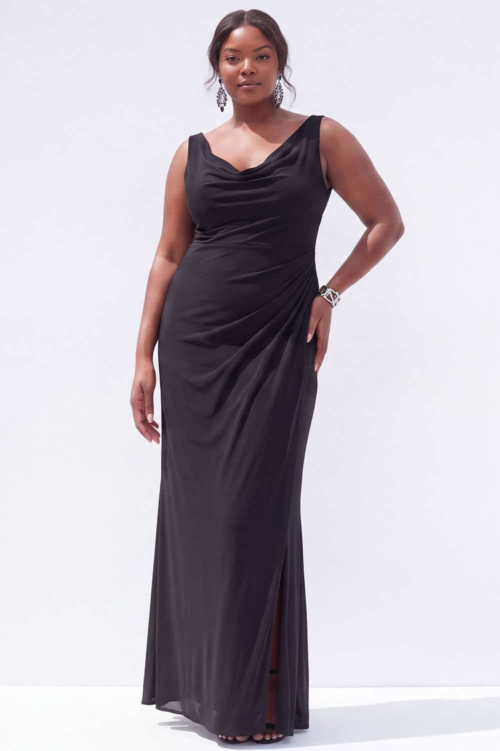 Black Mermaid Cowl Neck Ruched Maxi Plus Size Wedding Guest Dress