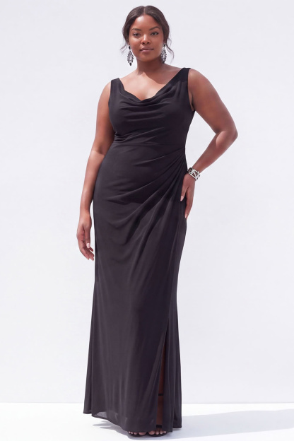 Black Mermaid Cowl Neck Ruched Maxi Plus Size Wedding Guest Dress