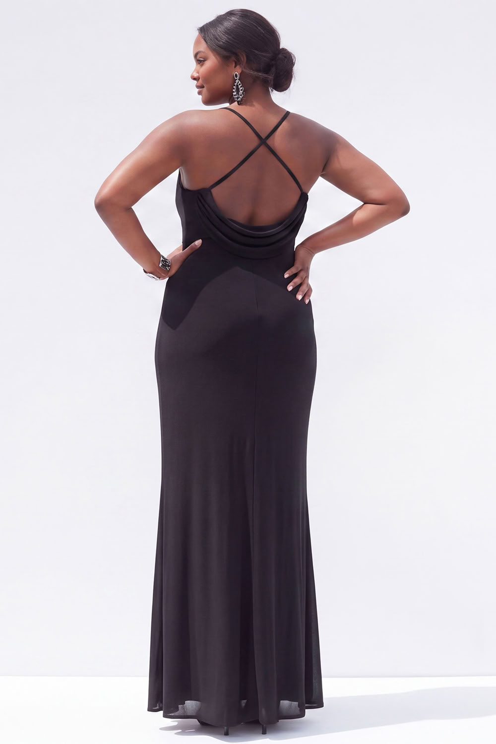 Black Mermaid Cowl Neck Ruched Maxi Plus Size Wedding Guest Dress