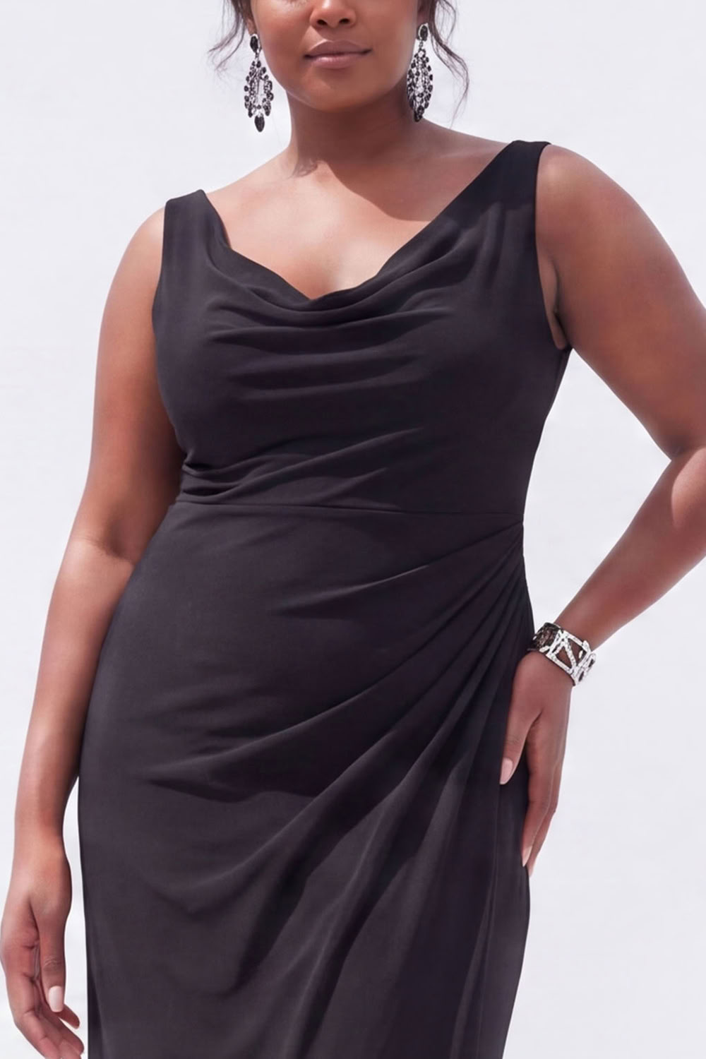 Black Mermaid Cowl Neck Ruched Maxi Plus Size Wedding Guest Dress