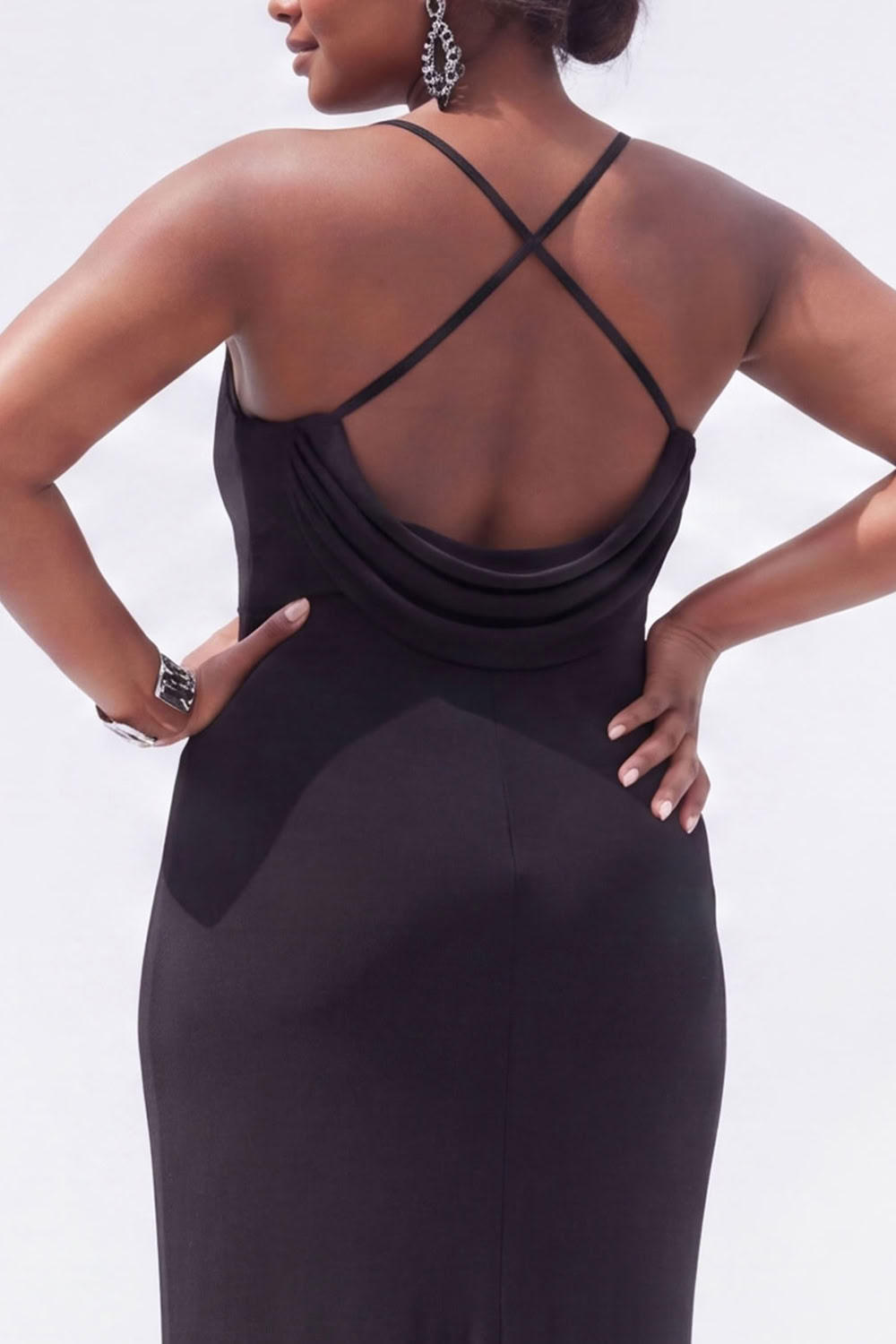 Black Mermaid Cowl Neck Ruched Maxi Plus Size Wedding Guest Dress