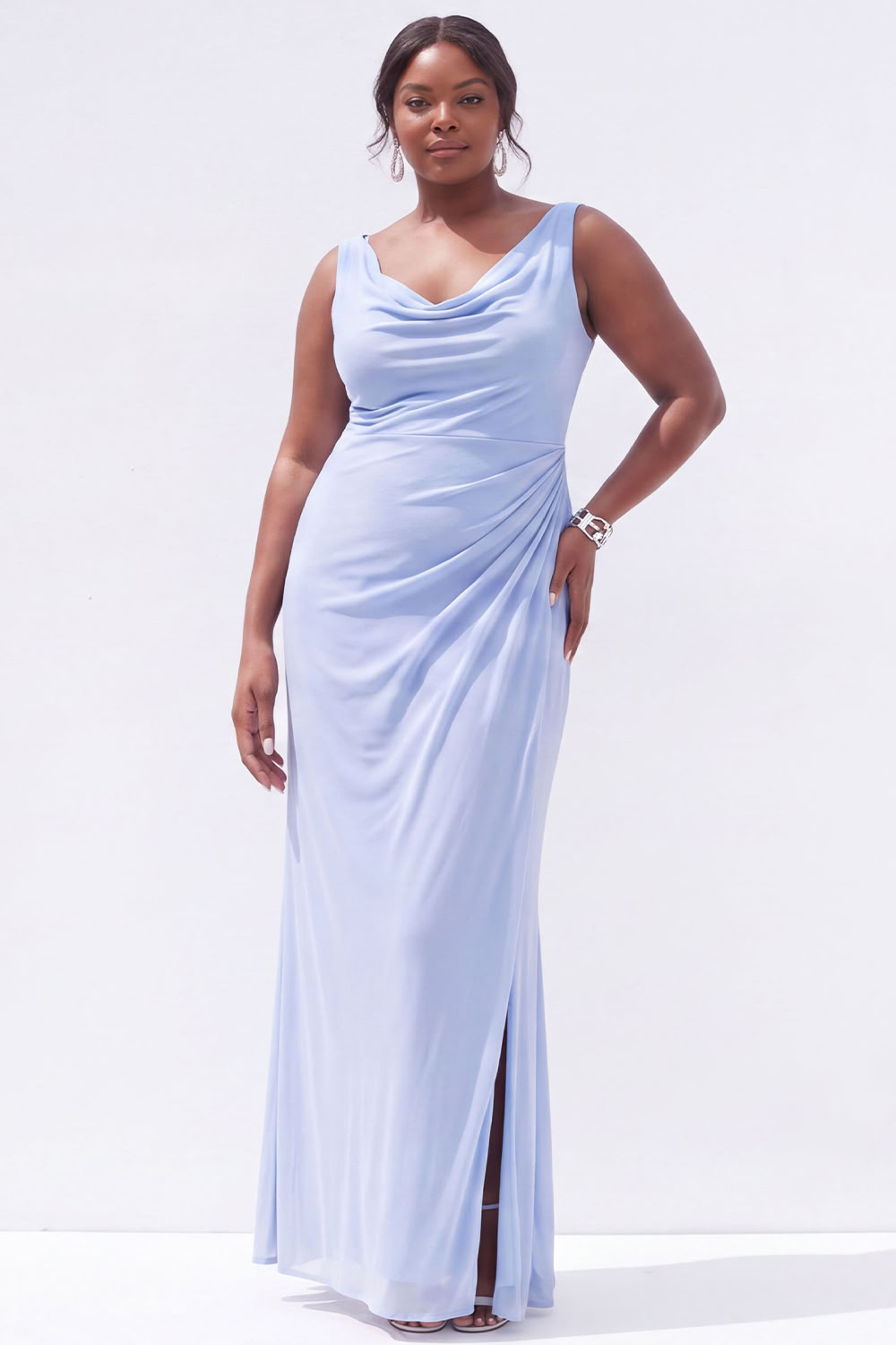 Dressself Women Black Maxi Wedding Guest Dress Plus Size Mermaid Cowl Neck Ruched Party Dress with Slit