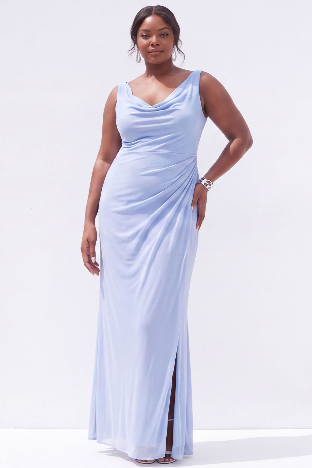 Dressself Women Black Maxi Wedding Guest Dress Plus Size Mermaid Cowl Neck Ruched Party Dress with Slit