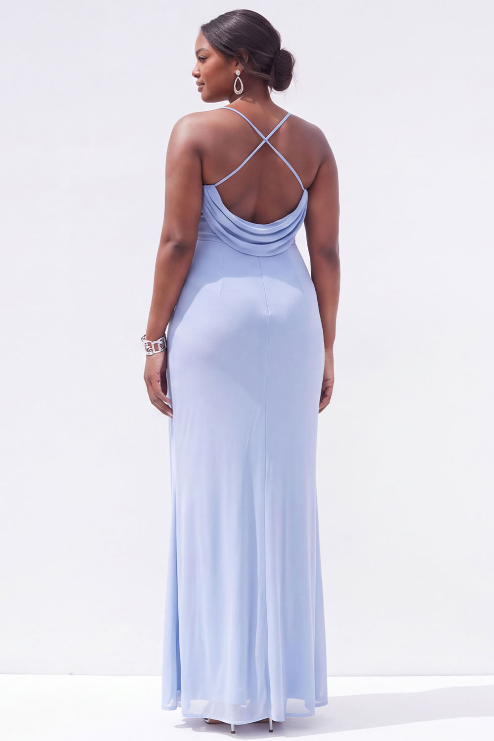 Black Mermaid Cowl Neck Ruched Maxi Plus Size Wedding Guest Dress